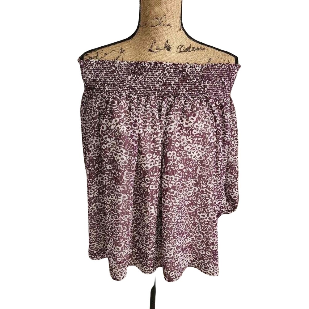 LOFT Womens XS Plum Purple Floral Smocked Off the Shoulder Chiffon Blouse Top
